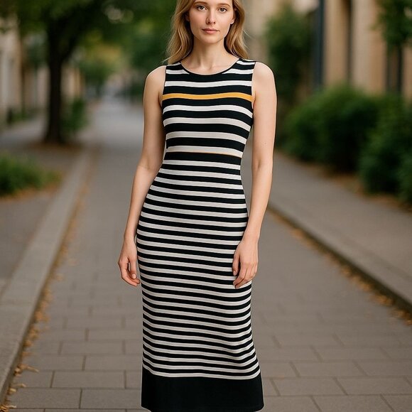 Loft Womens Size XS Striped Maxi Dress Black Yellow White Summer Beach Stretch - Picture 1 of 8